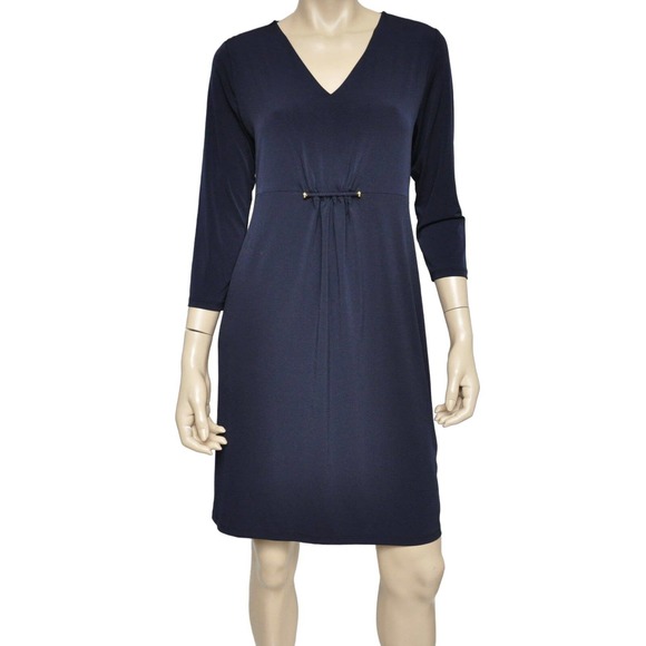 Michael Kors Matte Jersey V-Neck 3/4 Sleeve Shift Dress Real Navy 4/8 $130 Nwt - Picture 2 of 5